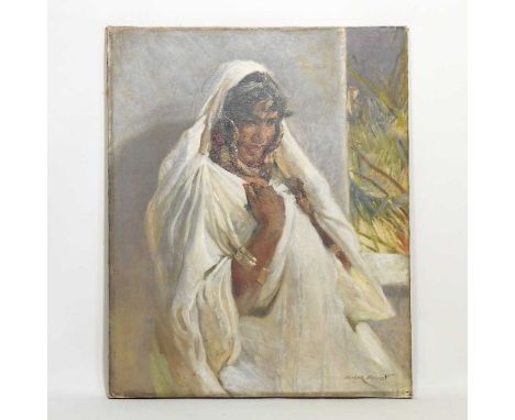 Edgar Bundy A R A, 1862-1922, portrait of a lady in a white dress, signed oil on canvas, 69 x 56cm, unframed