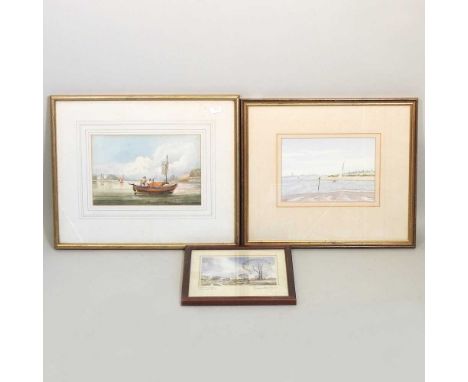 B J Leigh, 19th century, On The Thames, October 1839, signed watercolour, 15 x 23cm, together with Bearman, On The Orwell, Ip