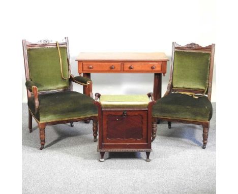 A Victorian mahogany sofa table, together with a pair of Edwardian upholstered armchairs and a coal purdonium (4)104w x 52d x