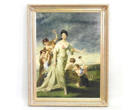 P Merton, 20th century, portrait of 18th century style figures in a landscape, oil on canvas, 120 x 93cm