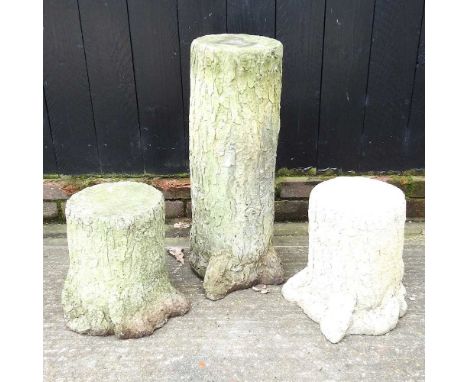 Three cast stone garden pedestals, each moulded as a tree trunk, highest 69cm (3)