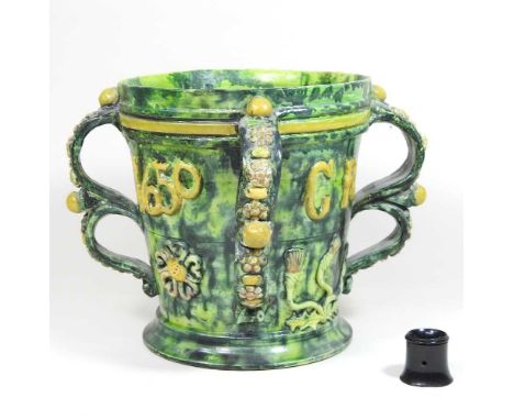 A large Castle Hedingham green glazed pottery four handle pot, inscribed C R, 1650, incised No22, Made in Eng., E W Bingham, 