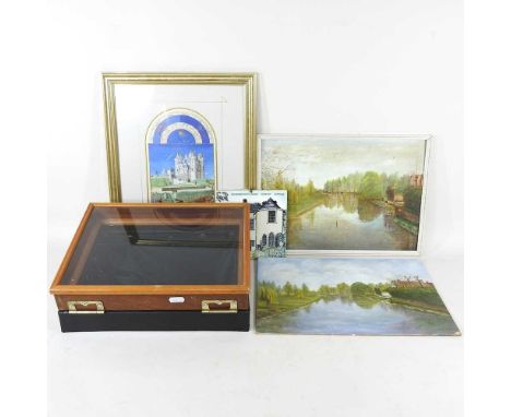 A display case, 34cm wide, together with a tile of Gainsborough's House and three pictures