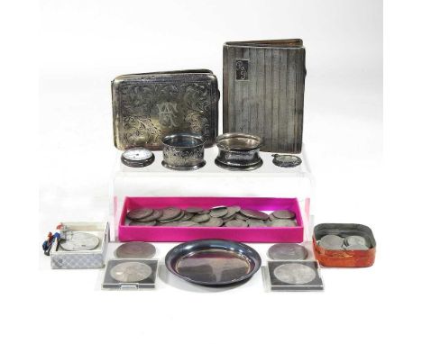 A collection of pre-decimal coins, together with silver plated cigarette cases and metalwares