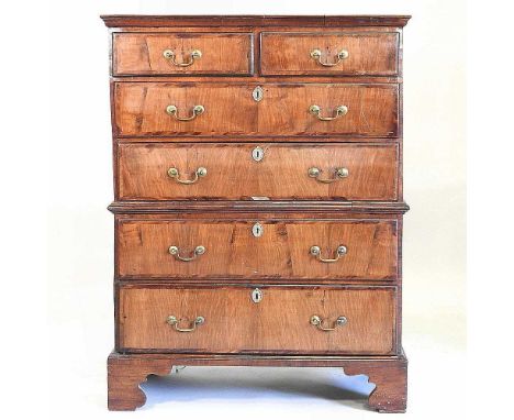 An 18th century walnut and crossbanded chest on chest, on bracket feet96w x 51d x 126h cm