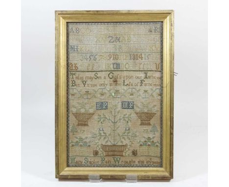 A George III needlework sampler, worked with the alphabet, verse and flowers, by Mary Shiplee Pain, dated 1773, 30 x 20cmA da
