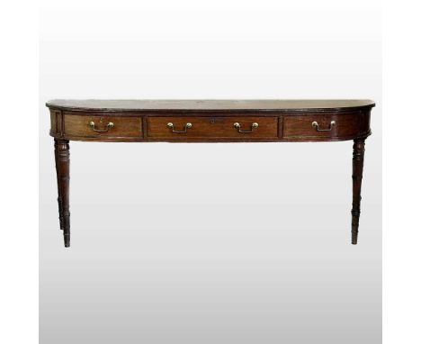 A late Regency mahogany serving table, of D shape, containing three frieze drawers, on ring turned legs, stamped H. MAWER &am