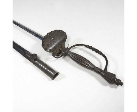 A 19th century court dress sword, with an iron grip and curved hilt and etched steel blade, in a black leather scabbard, 97cm