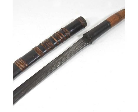 An early 20th century Eastern sword, with a wooden handle and curved blade, in a bound wooden scabbard, 85cm long