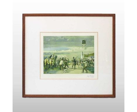 Alfred J Munnings, The Pipes, coloured print, signed in pencil to the margin by the artist, 26 x 36cm