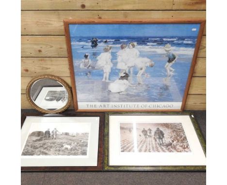 A signed hunting print, 29 x 42cm, together with two others and a wall mirror (4)