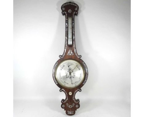 A 19th century rosewood and mother of pearl inlaid wheel barometer, with a silvered dial, 101cm high