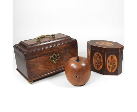 A George III mahogany tea caddy, 23cm wide, together with a fruitwood tea caddy, in the form of an apple and a marquetry tea 