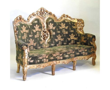 A continental style gilt framed sofa, upholstered in green, on cabriole legs195w x 80d x 125h cm