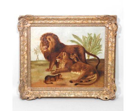 English School, 19th century, a naive portrait of lions and cubs, oil on canvas, 50 x 60cmOverall painting style is naive. Su
