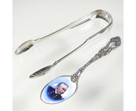 A pair of 19th century silver sugar tongs, with shell bowls, 43g, together with an American silver spoon, the enamelled bowl 