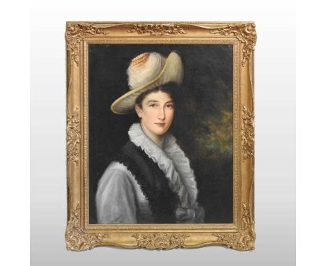 H Leslie, 19th century, head and shoulders portrait of a young lady, wearing a hat, signed and dated 1876, oil on canvas, 51 