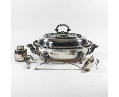 A Victorian silver plated tureen and cover, 35cm wide, together with various spoons and a caddy (5)