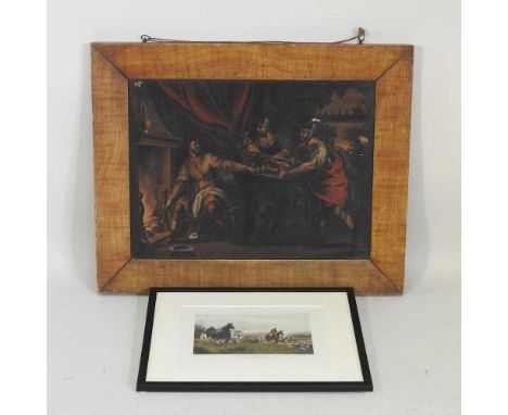 Continental school, 19th century, tavern scene, oil on canvas, 38 x 50cm, together with a hunting print, 15 x 23cm (2)Overall