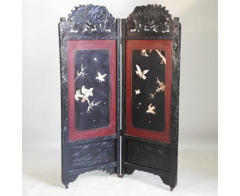 An early 20th century Japanese shibayama two fold dressing screen, decorated with birds. Note: a non-transferable ivory exemp