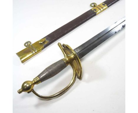 A military dress sword, with a wire bound grip and brass handle, with curved hilt and steel blade, in a brass mounted leather