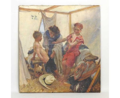 Edgar Bundy, A R A, 1862-1922, Mother and children in a tent, signed oil on canvas, 56 x 52cm, bearing a label for James Bour