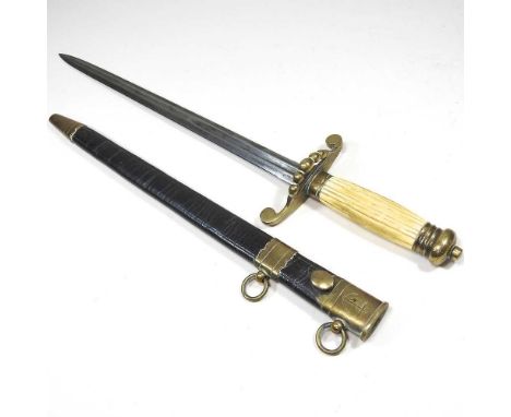 A naval officer's dirk, the ribbed bone handle, with brass mounts and tapered steel blade, in a brass mounted leather scabbar