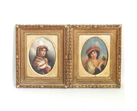 Continental School, late 19th century, portrait of a lady holding grapes, oil on panel, 31 x 21cm oval, together with the com