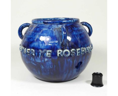 A large Castle Hedingham blue glazed pottery vase, of cauldron form, inscribed 'Gather ye rosebuds while ye may', incised E W