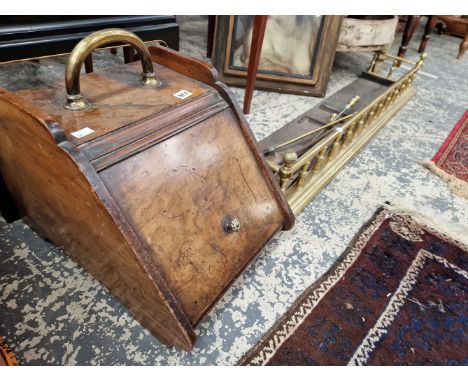 A WALNUT COAL BOX, BRASS FIRE FENDER AND TOOLS. 