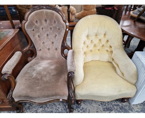 A VICTORIAN SHOW FRAME BUTTON BACK ARMCHAIR AND ONE OTHER. 