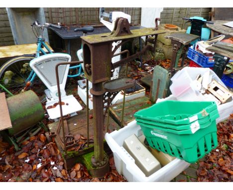 VARIOUS ANTIQUE AND LATER WEIGHING SCALES, A QUALCAST MOWER, LADIES BICYCLE ETC. 