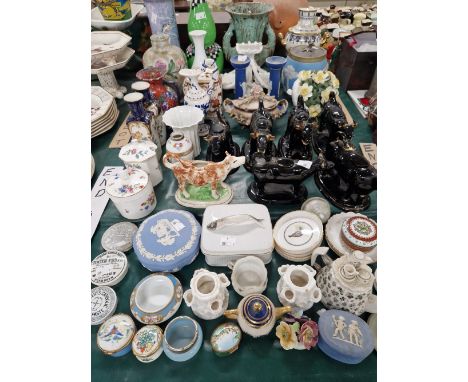 A COLLECTION OF ANTIQUE COW CREAMERS, A JASPER WARE BISCUIT BARREL AND CANDLESTICKS, REGAL WARE, AND OTHER VARIOUS VASES, TRI