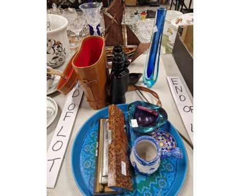 A 64 CHROMONICA MOUTH ORGAN CASED, A PAIR OF VINTAGE BINOCULARS- BOOTS, A SILVER TODDY LADLE, GLASS VASES ETC. 