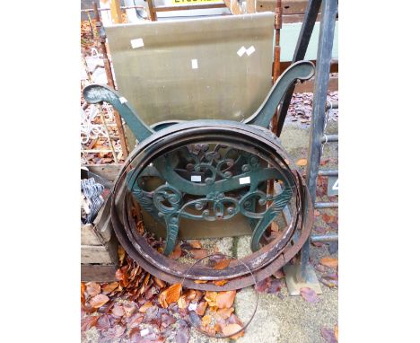 A PAIR OF PAINTED GARDEN BENCH ENDS, WHISKEY BARREL HOOPS ETC.