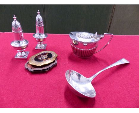 HALLMARKED SILVER TO INCLUDE A PAIR OF PEPPERS, A LIDDED MUSTARD, AND A SMALL LADLE. WEIGHT 203grms, TOGETHER WITH A TORTOISE