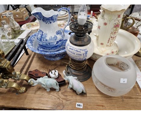 A PAIR OF BRASS FIRE DOGS, A SPODE JUG AND BOWL, ELEPHANT ORNAMENTS ETC. 