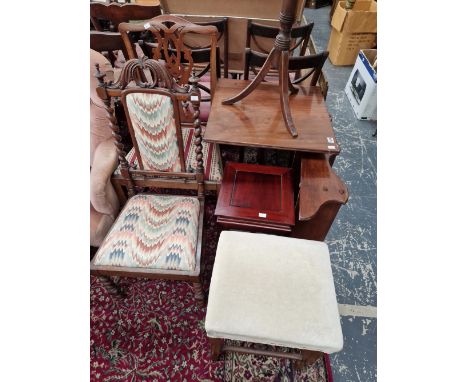 TWO VICTORIAN TRIPOD TABLES, A WALL SHELF, A DRESSING STOOL, AN ORIENTAL PLANT STAND AND TWO CHAIRS. 