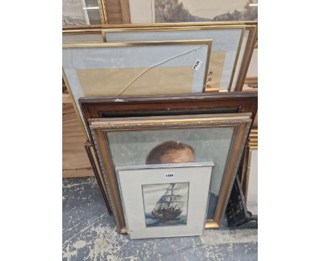 TWO FRAMED ORIENTAL SCROLL PANELS, AN OIL PORTRAIT, OTHER PAINTINGS AND PRINTS.(11)