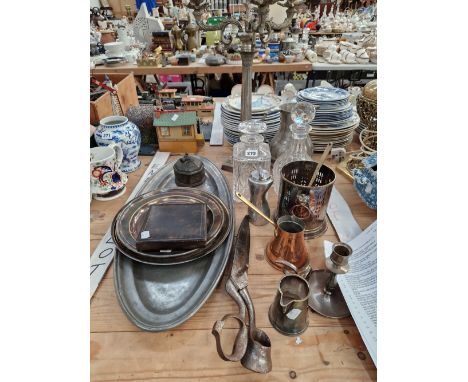 A FIVE LIGHT CANDELABRUM, A PEWTER FISH SERVING DISH, TWO DECANTERS, TAILORS SCISSORS, ETC.