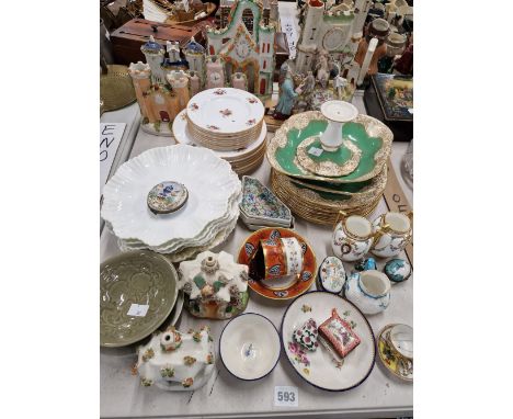 STAFFORDSHIRE FLAT BACK CASTLES, DECORATIVE CHINA AND TRINKET BOXES. 