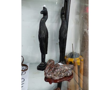 A PAIR OF BLACKWOOD CARVINGS OF DUCKS,  AN ORIENTAL PUDDING STONE CARVING 