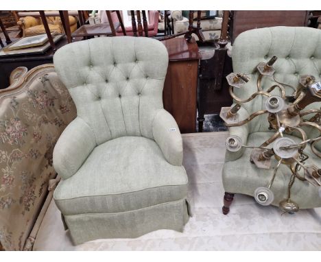 TWO BUTTON BACK ARM CHAIRS. 