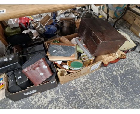 A LARGE COPPER BOWL, A QUANTITY OF BINOCULAR CASES, TEXTILES, BOOKS AND ORNAMENTS, A WOODEN BOX, AND A CLOCK. 