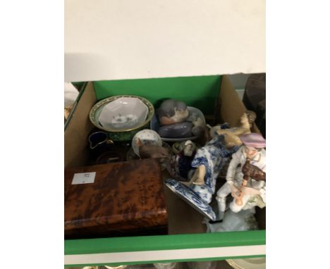A QUANTITY OF VARIOUS ORNAMENTS INCLUDING WORCESTER JUG AND BOWL, A PORCELAIN POCKET WATCH STAND, COPENHAGEN FIGURES, TRINKET