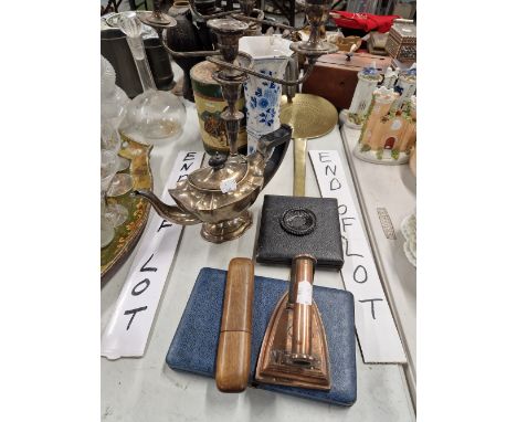 A COPPER BRONZE IRON, A SKIMMER, TWO PLATED CANDELABRA ETC. 