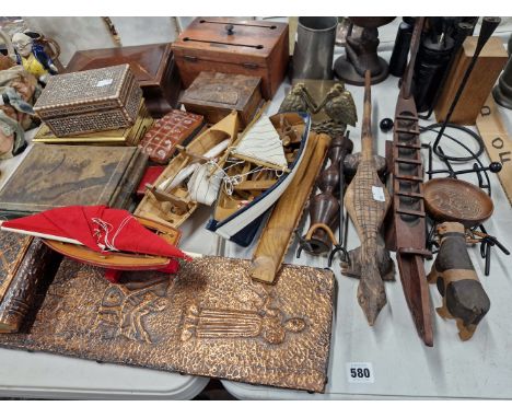 AN ANTIQUE CORRESPONDENCE BOX, AFRICAN AND OTHER WOODEN WARES ETC. 