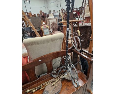 AN IRON PLANT STAND AND VARIOUS FIRESIDE TOOLS.