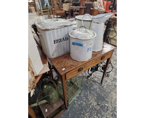 A COLLECTION OF ENAMEL WARES AND BIRD CAGES. 