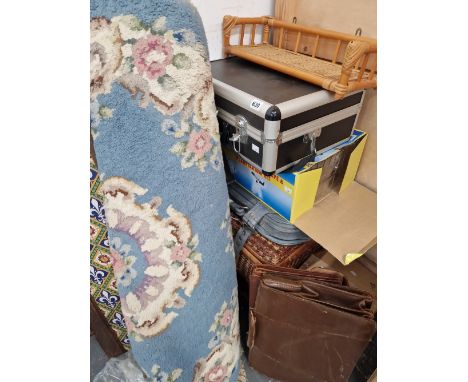 A BOXED ASTRONOMICAL TELESCOPE, A CAMERA CASE, RUG, BRIEF CASES, PICK NIK AND OTHER BASKETS, SUITCASE ETC. 